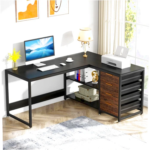 Tribesigns L Shaped Computer Desk with Storage Drawers, 59 inch Corner Desk with Shelves, Reversible L-Shaped Office Desk Study Writing Table Workstation for Home Office, Black