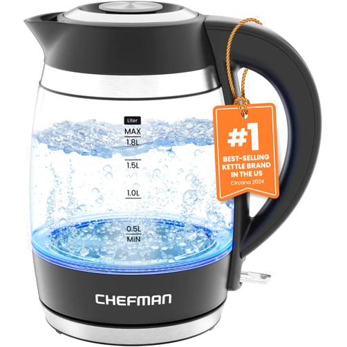 Chefman Electric Kettle, 1.8L 1500W, Hot Water Boiler, Removable Lid for Easy Cleaning, Auto Shut Off, Boil-Dry Protection, Stainless Steel Filter, BPA Free, Borosilicate Glass Electric Tea Kettle