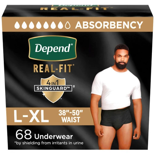 Depend Real Fit Adult Diapers, Incontinence Underwear for Men, Disposable, Maximum Absorbency, Large/Extra Large, Black, 68 Count, Packaging May Vary
