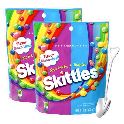 Petite+Mighty Tropical Fruit Chews Candy Bundle 2-Pack Includes Skittles Mash-Ups Wild Berry Tropical Chewy Candy With A Shovel Spoon