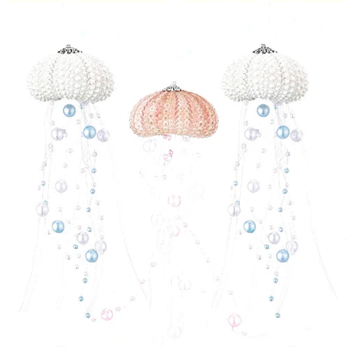 Werdecade Sea Urchins Jellyfish Christmas Tree Ornaments, 3 Pack, Coastal Beaded, Beach Theme Holiday Decorations, Ocean Inspired, Hanging Jellyfish with Crystals and Ribbons (Colorful)