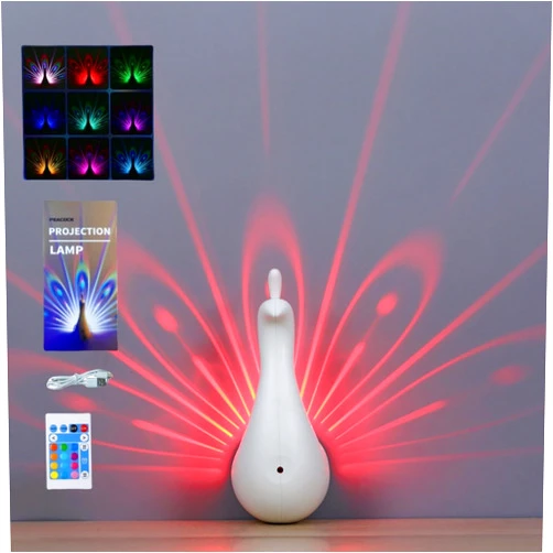 WSXKA Peacock lamp，Peacock Wall Light,Peacock Projection Desk Lamp,Remote Control LED Night Light，7 Color LED Adjustable Night Light for Bedroom Decorations(White)