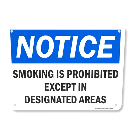 SmartSign 7 x 10 inch “Notice - Smoking is Prohibited Except in Designated Areas” OSHA Metal Sign, 40 mil Laminated Rustproof Aluminum, Blue, Black and White