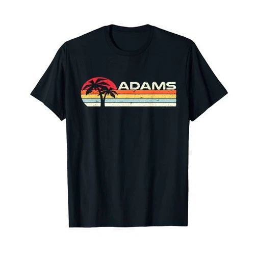 Retro 70's Color Scheme Customized Last Name Tees Adams Surname 80s 90s Vintage Sunset with Palm Trees Design T-Shirt