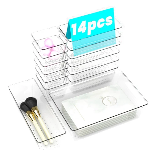 Juuka 14 PCS Clear Plastic Drawer Organizer Set, 4-Size Versatile Bathroom and Vanity Desk Drawer Organizer Tray Divider, Storage Bins for Makeup, Kitchen Gadgets Utensils, Bedroom and Office