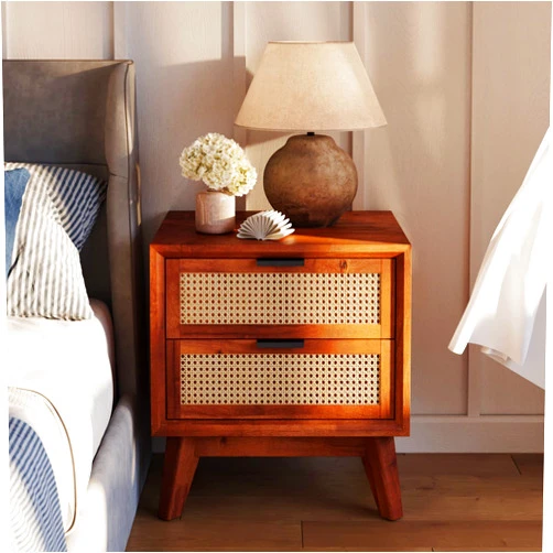 Bme Jasper Deluxe Solid Wood Rattan Nightstand Fully Assembled-Mid Century Modern Side Table with 2 Drawers-Multipurpose use for Living Room, Bedroom-Dark Chocolate
