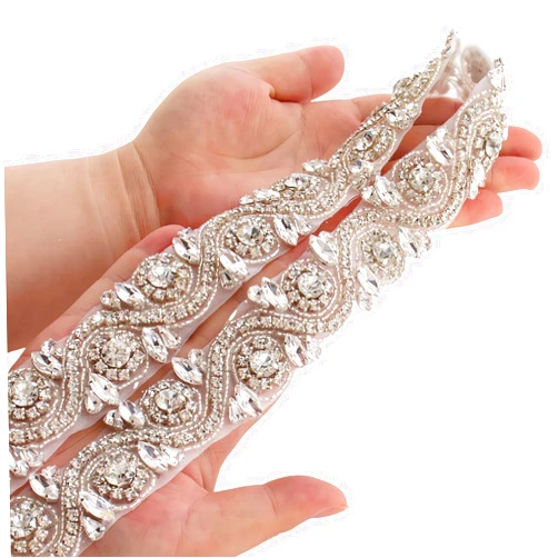 ShiDianYi Wedding Rhinestones Pearls Trim, 1 Yard Long Silver Rhinetones for Dress, Bridal Applique, Crystal Beaded Applique