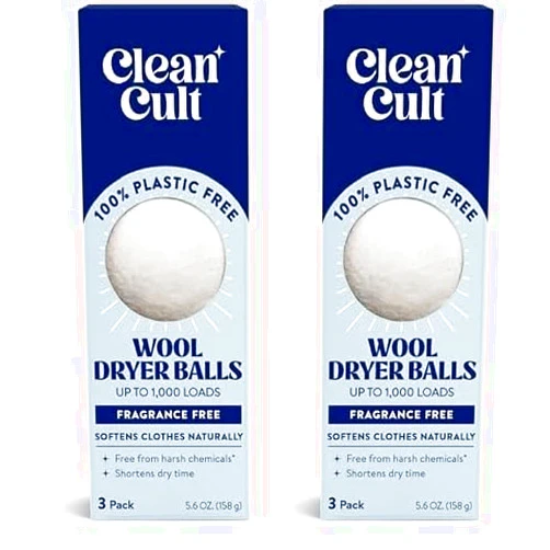 Cleancult Wool Dryer Balls (3 Count) - Made from 100% New Zealand Wool - Biodegradable Dryer Balls - Shorten Dry Times, Soften Clothes, and Stop Static Cling - Lasts up to 1000 Loads (Pack of 2)