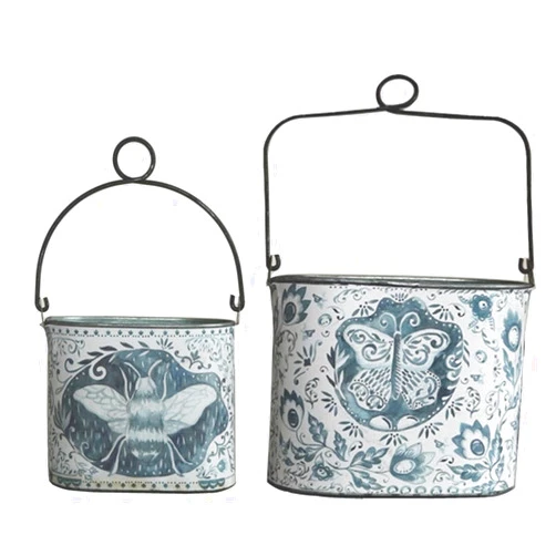 Primitives by Kathy Versatile Decorative Buckets; Set of 2 Vintage Blue and White Watercolor, Folk-Art Inspired, Metal Buckets with Top Wire Loops for Hanging