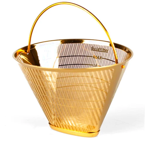 Designandgrace Sustainable Universal #4 Gold Titanium Coffee Filter, fits drip coffee makers w/standard #4 holder Technivorm Moccamaster. Stainless steel coated with titanium. Passes all safety regs