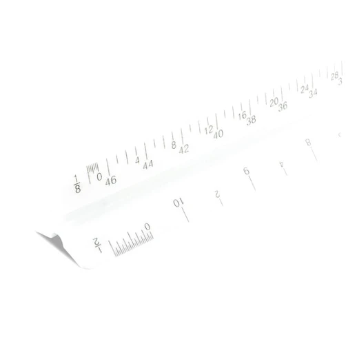 Pacific Arc Architect Economy Scale Ruler, Divided by : 1/16th inch, 3/32 inch, 1/8 inch, 3/16 inch, 1/4 inch, 3/8 inch, 1/2 inch, 3/4 inch, 1 inch, 1-1/2 inch, 3 inch Scale Degrees. 12 inch