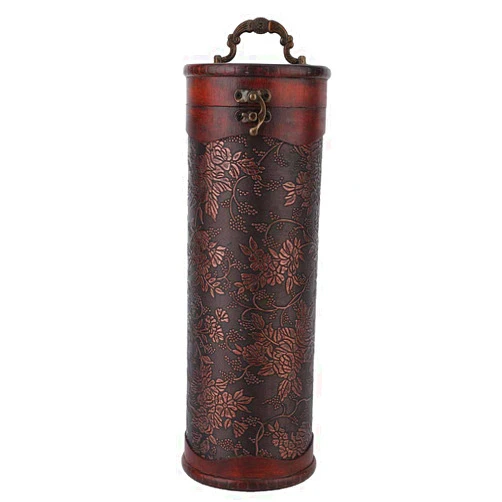 Miskall Wine Storage Box with Handle Portable Vintage Round Wood Single Red Retro Treasure Chest Gift Holder