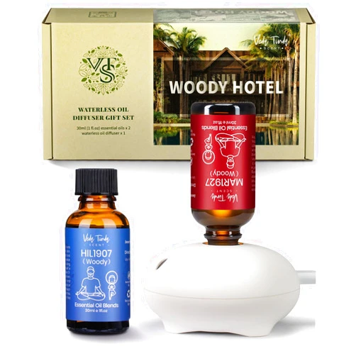 VEDA TINDA SCENT VTS Hotel Scent Essential Oils with Waterless Diffuser Set, Luxury Hotel Fragrance Oils Gift Kits for Women Men Mom Couples Friends (1 FL OZ Woody Hotel Collection Oil x 2 & Portable Diffuser)