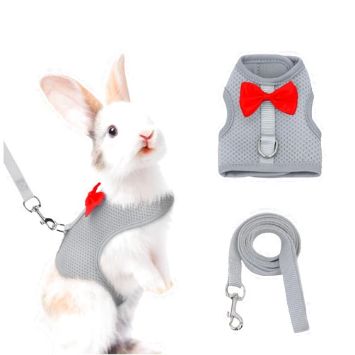 AIITLE Bunny Harness and Leash Set with Cute Bow, Soft Breathable Mesh Vest Harness for Rabbits Kitten Ferret Small Pig Puppy Walking Supplies Grey M