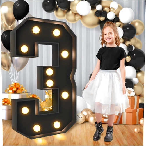 BASIFA 3.3FT Marquee Numbers, Black Light Up Numbers for 3rd 30th Birthday Party Decorations with Assembling Tools, Large Foamboad Mosaic Balloon Frame for Anniversary Engagement Party Decor, Number 3