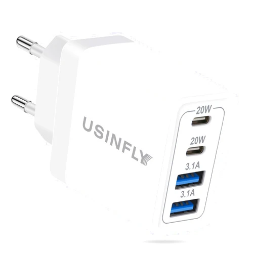 USINFLY European Travel Plug Adapter, 40W 4-Port USB C Wall Charger Plug Type C Fast Charging Block International Power Adaptor US to Europe EU for iPhone 17 16 15 14 13 12 11 Pro Max XS, iPad, Galaxy