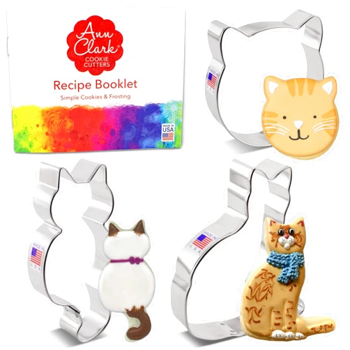 Ann Clark Cookie Cutters Cat Cookie Cutters 3-Pc. Set Made in USA by Ann Clark, Cat Face, Sitting Cat, Curled Cat