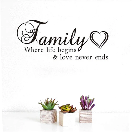 YJQQ Family Where Life Begins & Love Never Ends Wall Decal Sticker Quotes, Removable DIY Mural Sayings Wallpaper Home Decor for Living Room Bedroom 23x10in