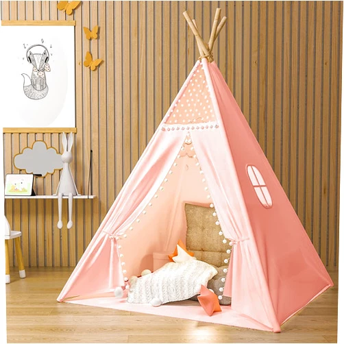 Gamenote Teepee Tent for Kids, Cotton Canvas Toddler Tents with Mat, Inner Pocket, Unique Reinforcement Part, Foldable Kids Play Teepee, Gifts Indoor Outdoor Playhouse for Baby Girls Boys