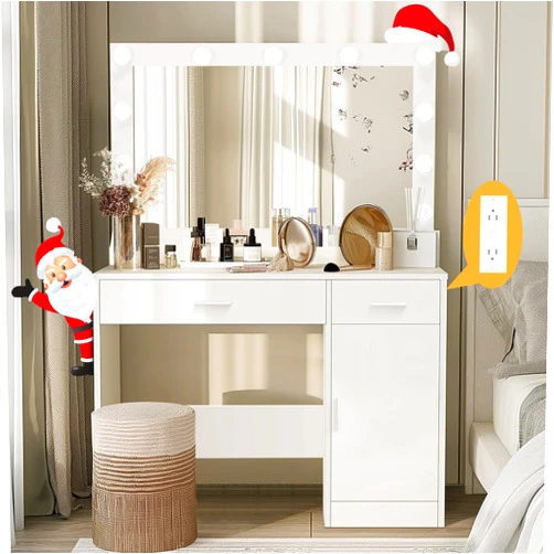 Likein Vanity Desk with Mirror and Lights, Makeup Vanity Desk with Lights, Modern Dressing Table with Charging Station 2 Drawers & Cabinet for Girls Women