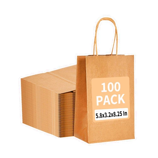 RACETOP 100 Pack 5.8x3.2x8.25 Inch Brown Kraft Paper Gift Bags with Handles - Bulk Small Plain Natural Bags for Birthday Party Favors, Grocery, Retail Shopping, Wedding, Craft, Goody, Takeouts, and Business