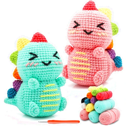 Masinca Crochet Animal Kit - 2 Pcs Dinosaur Crochet Kit, Crochet Kit for Kids, Crochet Animals Kit, Knitting kit, Step-by-Step Video Tutorial, Crochet Set, Crochet Gifts