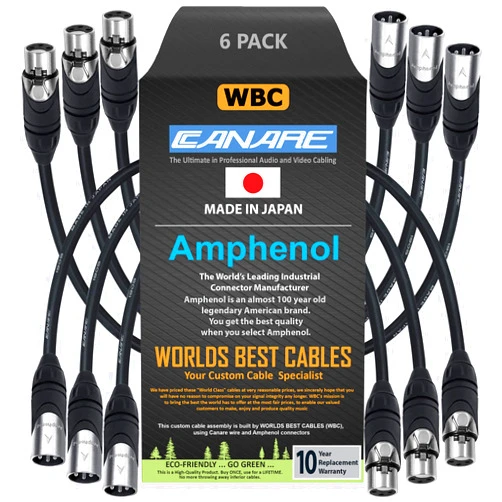 WORLDS BEST CABLES 6 Units - 1 Foot - Canare L-4E6S, Star Quad Balanced Male To Female Microphone Cables With Amphenol AX3M & AX3F Silver XLR Connectors - CUSTOM MADE By WORLDS BEST CABLES