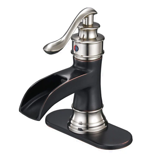 BWE Waterfall Bathroom Faucet Single Hole Oil Rubbed Bronze with Brushed Nickel for Bathroom Sink Farmhouse Single Handle Vanity Faucets Lavatory Mixer Tap Lead-Free
