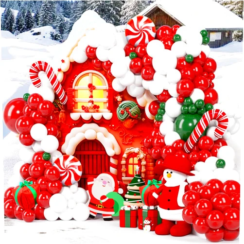 MOMO RUCCI Christmas Balloons Arch Garland Kit, 131Pcs Red White Green Balloons Santa Claus Gift Box Candy Cane Foil Balloon for Birthday Baby Shower Party Decorations Supplies