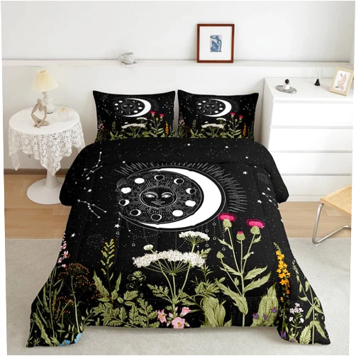 Feelyou Sun and Moon Decor Bedding Set Twin Size Girl Bohemian Comforter Sets Kids Boys Boho Exotic Style Black and White Cute Galaxy Stars Comforter Botanical Floral Plant Quilt Set with 1 Pillowcase