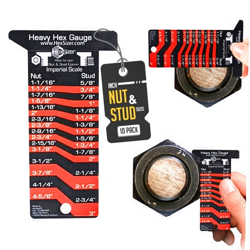 HexSizer 10 Pack Heavy Hex Nut, Bolt & Stud Gauge Tool - Durable Plastic Measuring Gauge Set, Compact, With Protective Vinyl Sleeve - Hardware Sizing Tool Identifier - Inch Measurement (Red on Black)