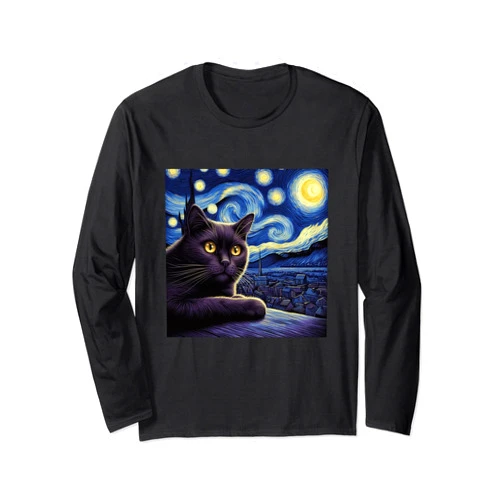You're Art Gallery Clothes Starry Night Cat Design - Van Gogh Inspired Graphic Long Sleeve T-Shirt