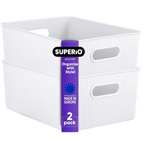 Superio Ribbed Collection - Decorative Plastic Open Home Storage Bins Organizer Baskets, Large White Smoke (2 Pack) Container Boxes for Organizing Closet Shelves Drawer Shelf 15 Liter/16 Quart