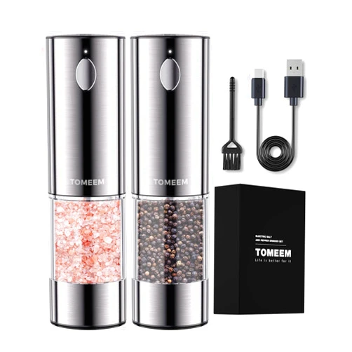 TOMEEM Upgraded Larger Capacity Electric Salt and Pepper Grinder Set Rechargeable with LED lights, Stainless Steel Automatic Pepper and Salt Grinder Refillable with 5 Adjustable Coarseness