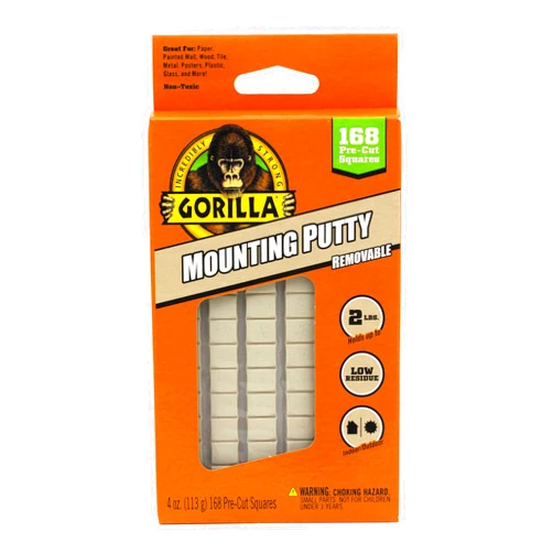 Gorilla Mounting Putty, Non-Toxic Hanging Adhesive, Removeable & Repositionable, 168 Pre-Cut Squares, 4oz/113g, Natural Tan Color, (Pack of 1)