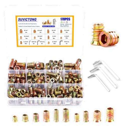 SUVICTONG 178Pcs Carbon Steel Wood Inserts Kit, Threaded Inserts Nuts for wood 1/4