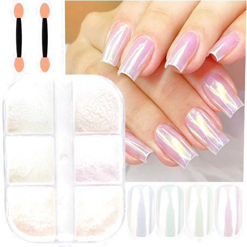 Mangoit 6 Grids Chrome Nail Powder Metallic Mirror Effect Pigment Aurora Nail Glitter Holographic Iridescent Dipping Rub Powder Manicure Design Pearl Shell Gel Polish Dust Sparkly Nail Charms