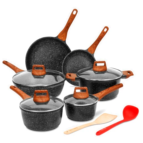 ESLITE LIFE Nonstick Cookware Sets, 12 Pcs Granite Coating Pots and Pans Set Kitchen Cooking Set, Compatible with All Stovetops (Gas, Electric & Induction), PFOA Free, Black