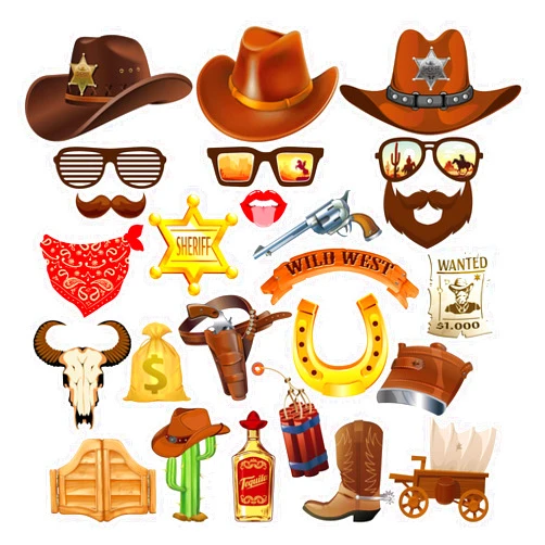 BHNACIER 25Pcs Western Photo Booth Props with Stick, Rodeo Theme Selfie Props Wild West Photo Booth Props Texas Country Birthday Party Supplies Western Theme Selfie Props for Wild West Photography Backdrop