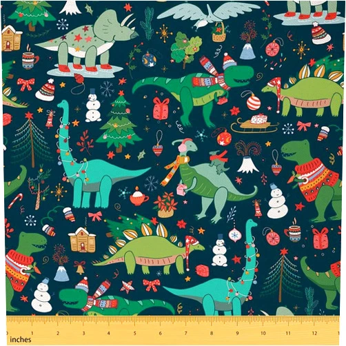 Feelyou Christmas Theme Fabric by The Yard, Cartoon Dinosaur Xmas Style Upholstery Fabric for Chairs, Cute Jungle Dino Snowman Floral Leaf Pattern Decorative Waterproof Outdoor Fabric, 3 Yards, Green 3 Yards Multi 08
