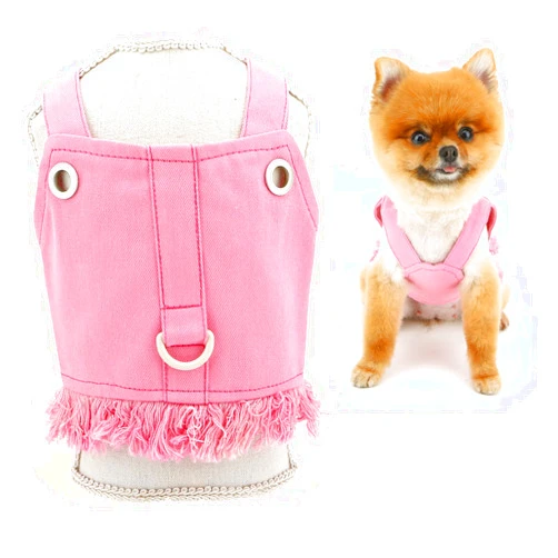 SMALLLEE_LUCKY_STORE Solid Small Denim Dog Harness Dresses No Pull Puppy Vest Harness Princess Skirt with D-Ring and Fringe Summer Clothes Pet Chihuahua Yorkie Apparel, Pink, M