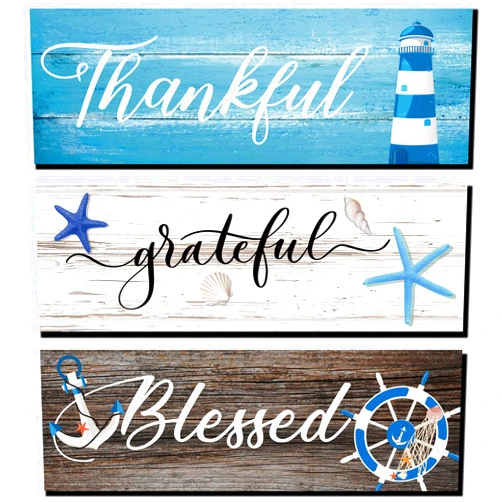 Yookeer 3 Pieces Thankful Grateful Blessed Wooden Signs Coastal Rustic Wood Signs Wall Decor Beach Wood Front Hanging for Farmhouse Outdoor Decor(Coastal Style)