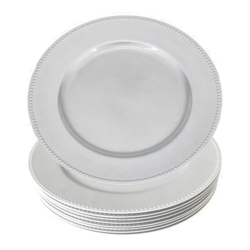 WELMATCH Silver Plastic Beaded Charger Plates - 12 pcs 13 Inch Round Wedding Party Decroation Charger Plates (Silver, 12)