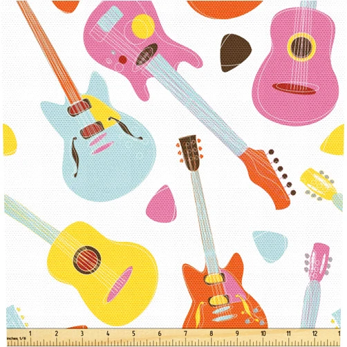 Ambesonne Guitar Fabric by The Yard, Entertainment Equipment Concept Summer Festival Pattern with Colorful Instruments, Decorative Fabric for Upholstery and Home Accents, Pink Teal