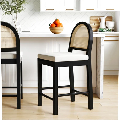 Nathan James Bailey Boucle Upholstered Rattan Bar Stool, Counter Height Stool with Natural Rattan Woven Back For Kitchen Island, White/Black Oak