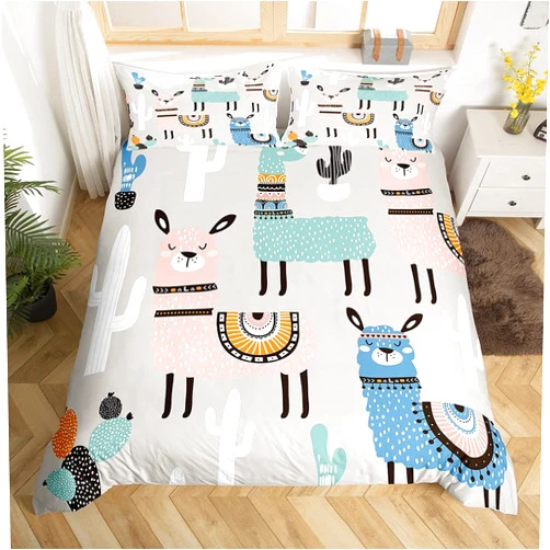 Erosebridal Alpaca Duvet Cover Boys Girls Cute Cartoon Comforter Cover Set Queen Size for Kids Teen Children Cute Cartoon Alpaca Cactus Printed Bedding Set Botanical Animal Decor Duvet Cover with Zipper Ties