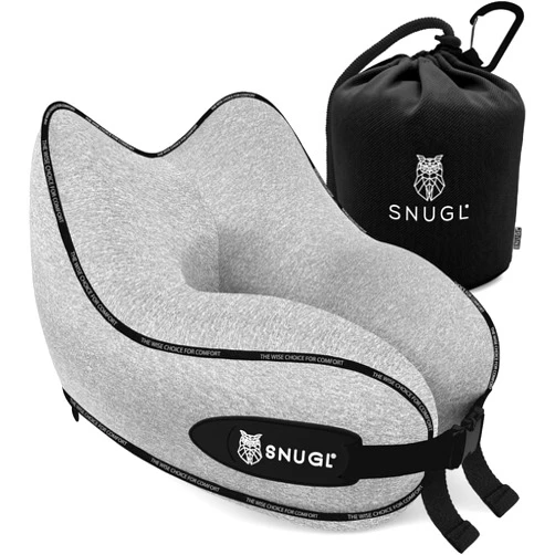 SNUGL Neck Travel Pillow - Memory Foam Airplane Pillow - Flight Pillow | Neck Support Travel Pillow with Carry Bag & Clip | Neck Pillows for Sleeping Travel Plane | Flying Travel Essentials - Grey