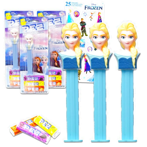 Disney Frozen PEZ Dispensers 3 Pack - Bundle with 3 Pez Dispensers Featuring Elsa with Pez Refill Packs Plus Stickers | Disney Frozen PEZ Candy Dispenser & Candy Refills