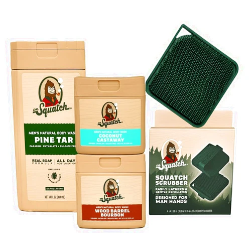 Dr. Squatch NEW Natural Body Wash for Men - Exfoliating and Non-Exfoliating - Pine Tar (14 oz) + Coconut Castaway + Wood Barrel Bourbon (8 oz, 2 Pack) + Body Scrubber