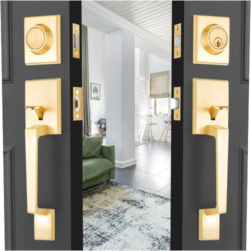 EHOMEWARE Brass Double Front Door Handle Set, Gold Heavy Duty Square Door Lever and Single Cylinder Deadbolt Combo for Side by Side Entrance Exterior Doors, Satin Brass Finish